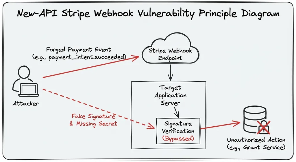 New-API Stripe Webhook 漏洞原理示意图,展示攻击者如何伪造支付事件绕过验签