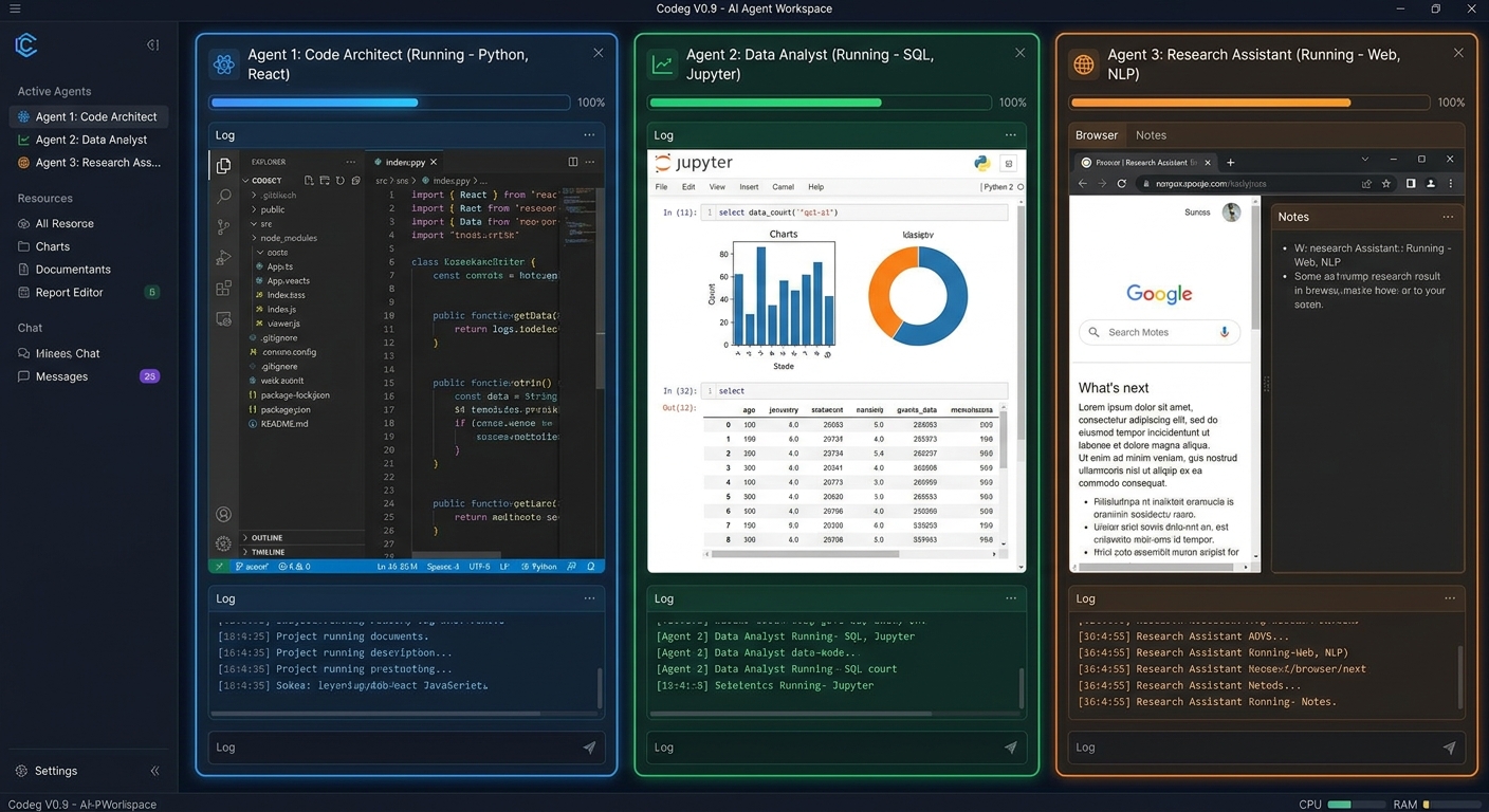 Codeg V0.9 桌面端界面截图，展示多个 AI Agent 在同一工作区并行运行的布局