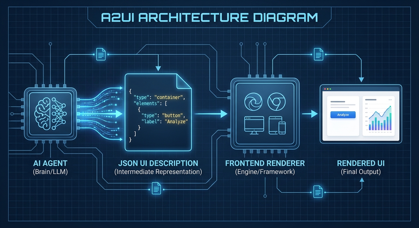 A2UI 架构示意图，展示 AI Agent 通过 JSON 描述 UI，前端渲染器负责呈现