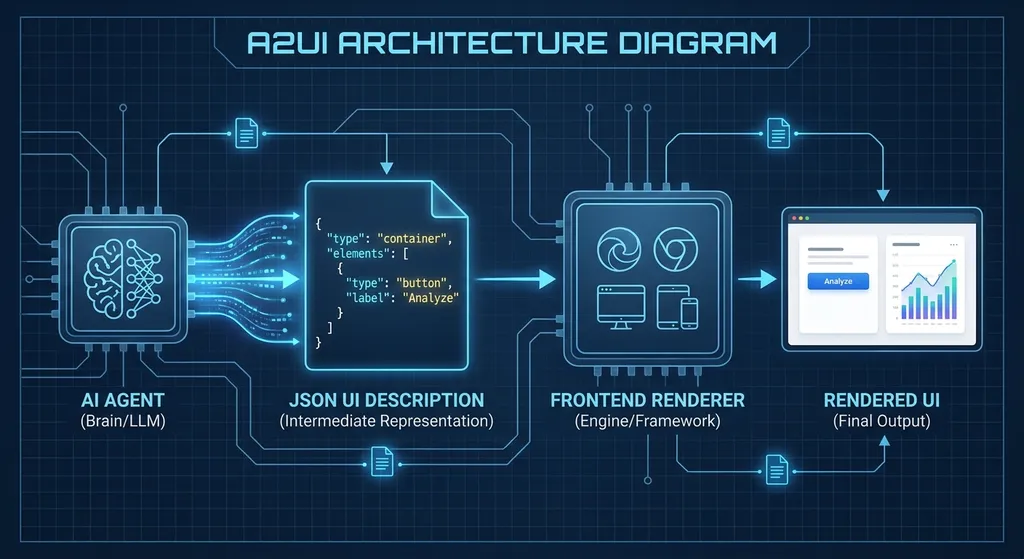 A2UI 架构示意图,展示 AI Agent 通过 JSON 描述 UI,前端渲染器负责呈现