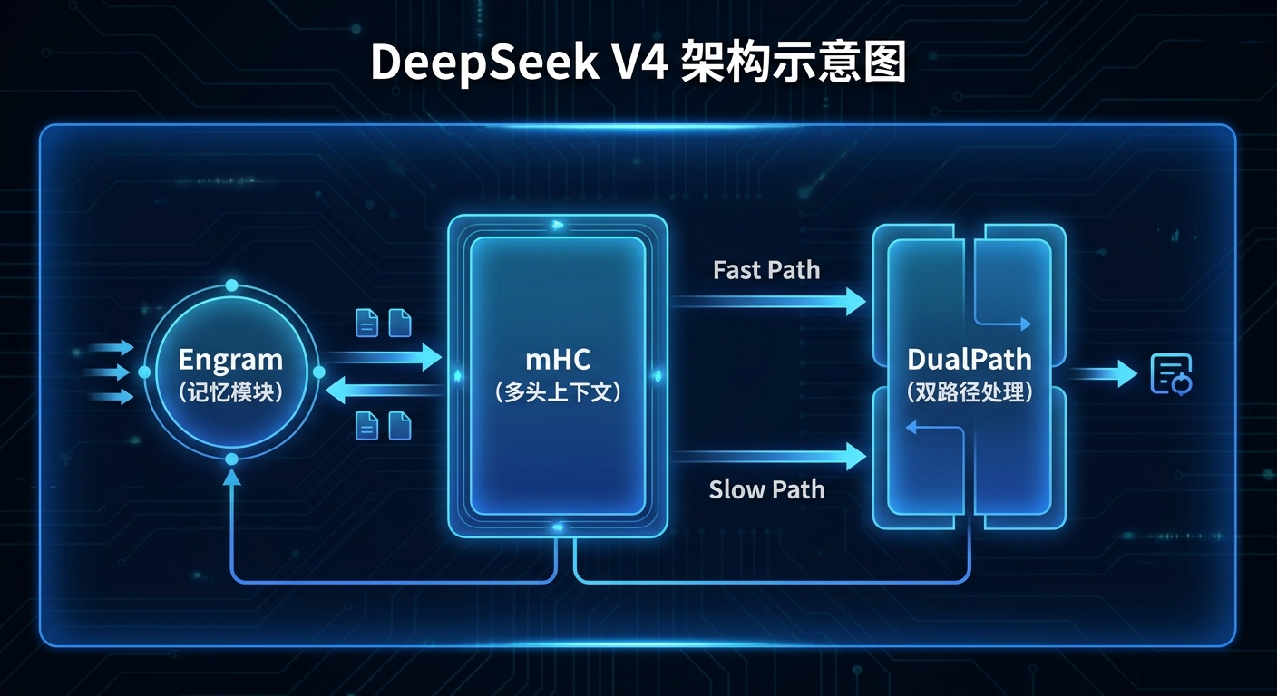 DeepSeek V4 架构示意图，展示 Engram、mHC、DualPath 三大组件的关系