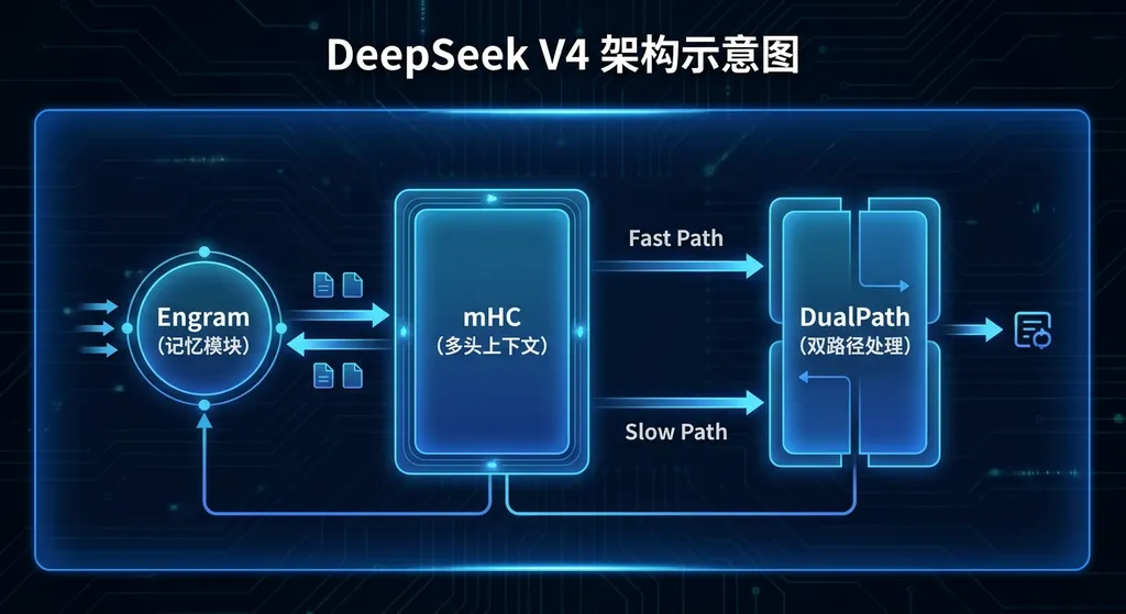 DeepSeek V4 架构示意图,展示 Engram、mHC、DualPath 三大组件的关系
