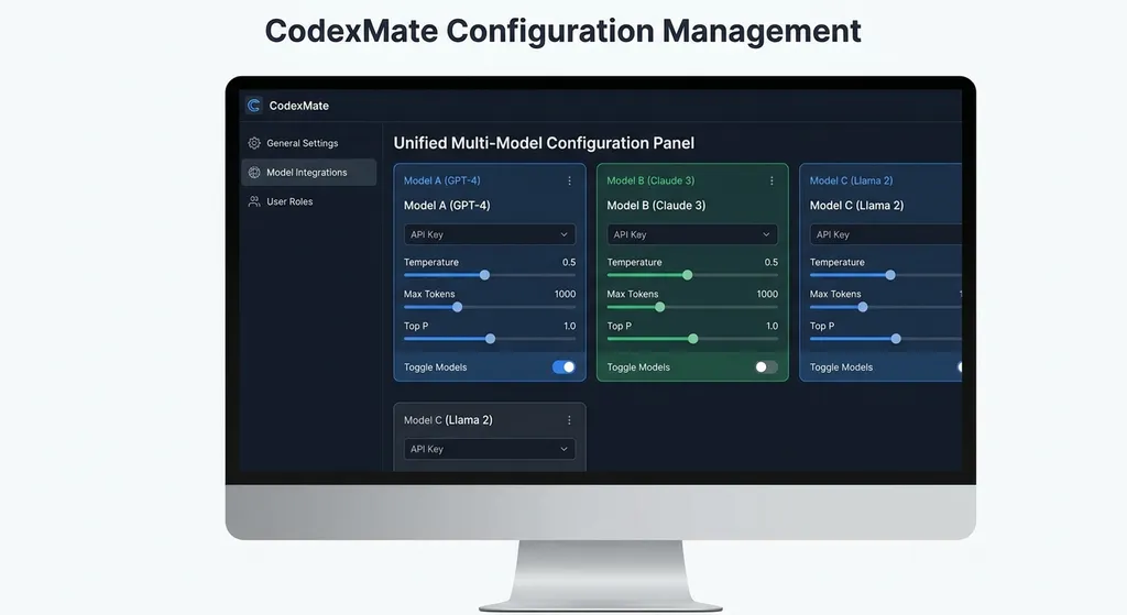 CodexMate 配置管理界面示意图,展示统一的多模型配置面板