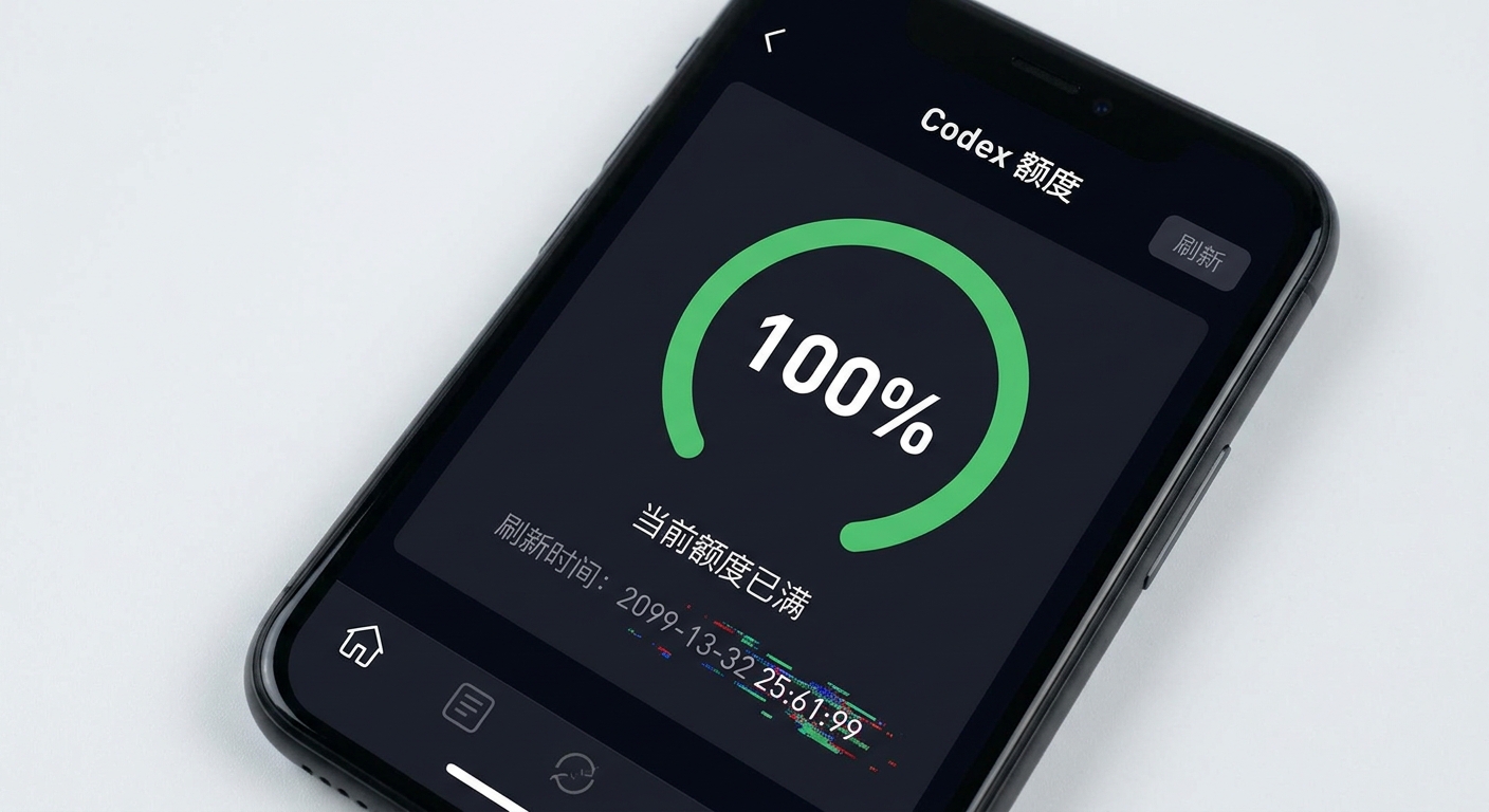 Codex 额度界面截图，显示额度为 100% 且刷新时间异常更新