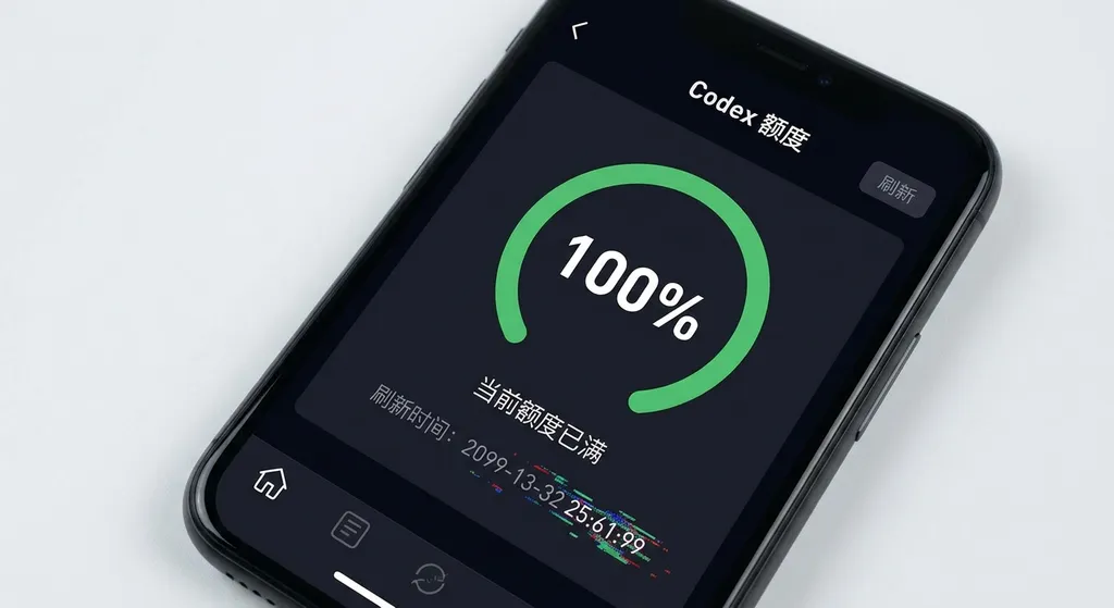 Codex 额度界面截图,显示额度为 100% 且刷新时间异常更新
