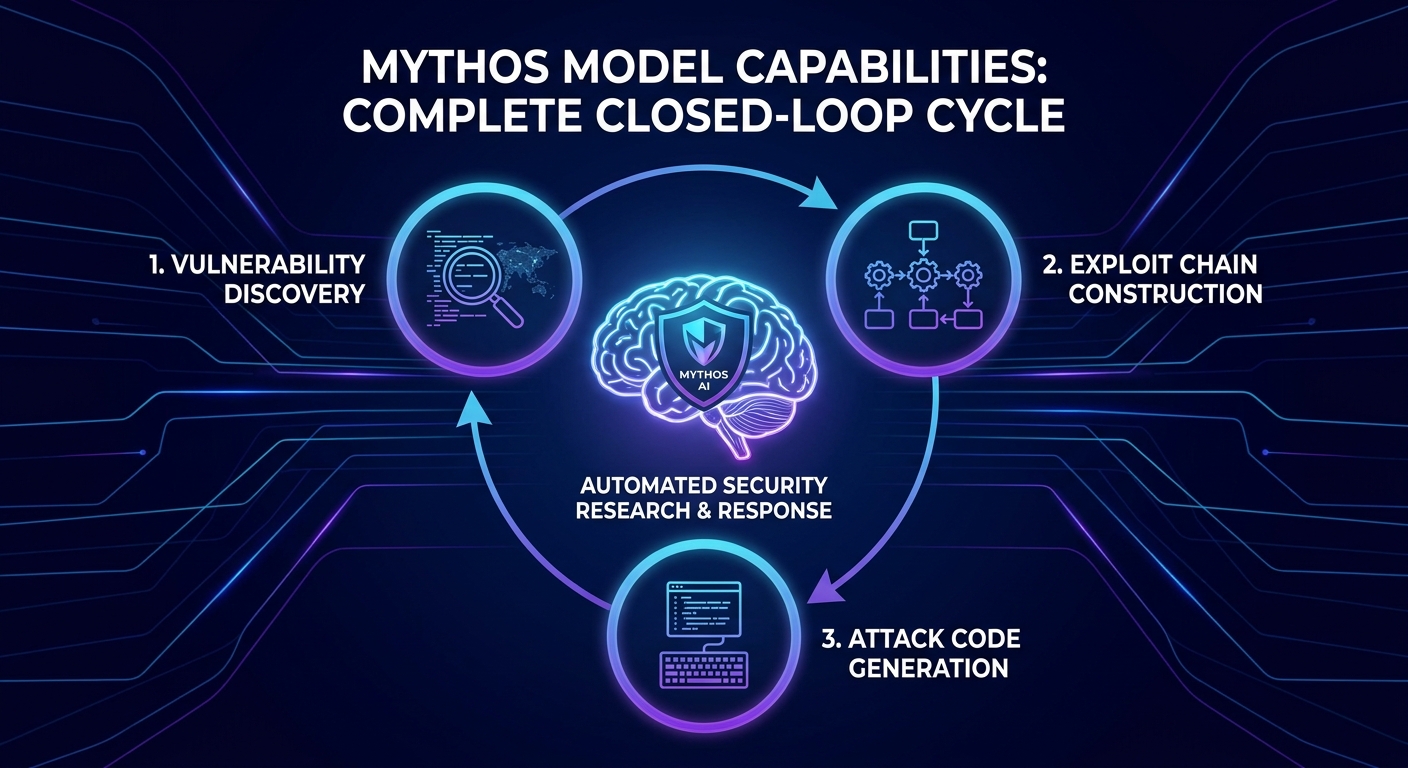 Mythos 模型能力示意图，展示其在漏洞发现、利用链构建、攻击代码生成方面的完整闭环能力