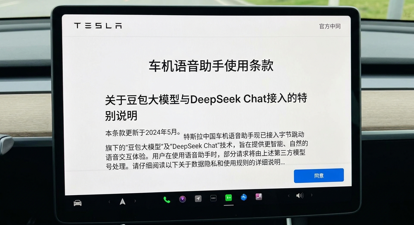 特斯拉中国官网车机语音助手使用条款截图，显示豆包大模型与DeepSeek Chat接入信息