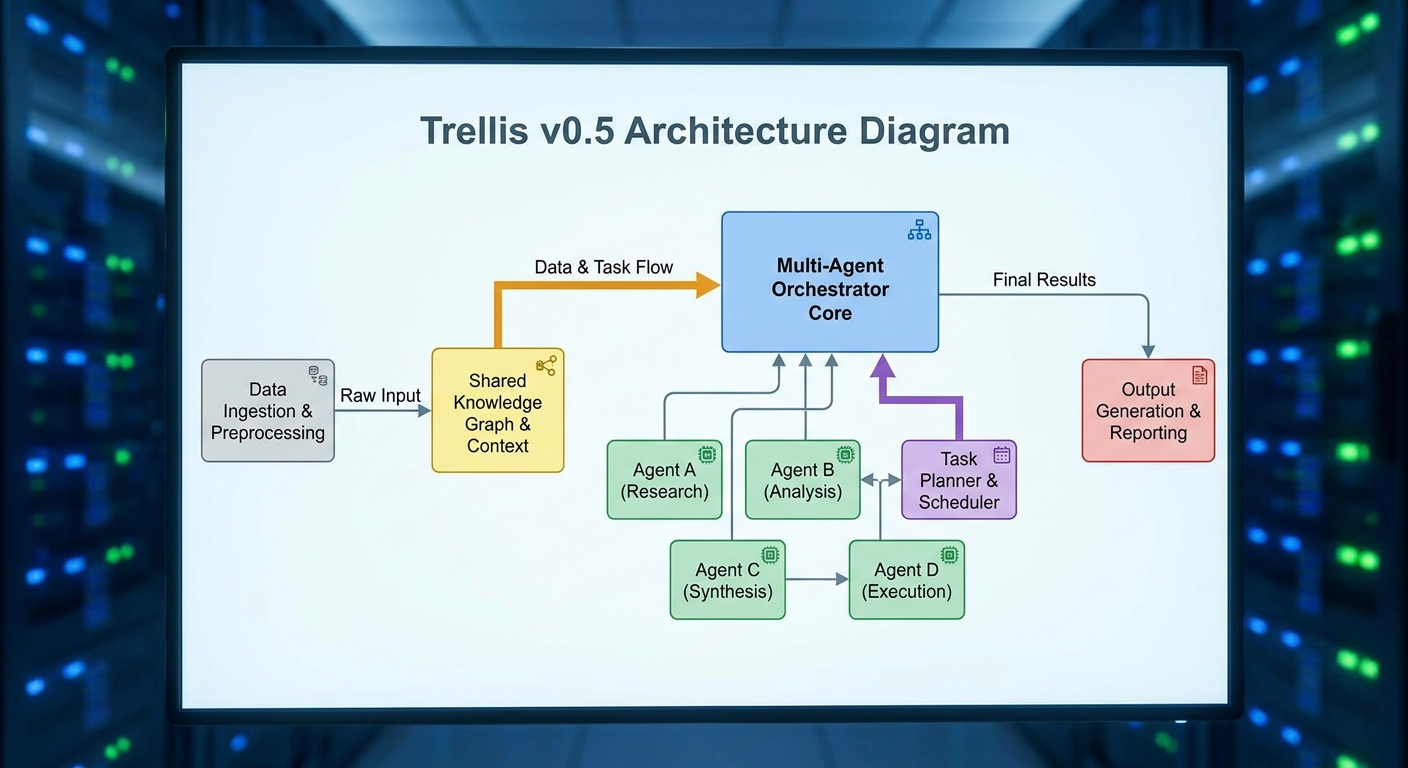 Trellis v0.5 架构示意图,展示多智能体编排的核心模块与数据流