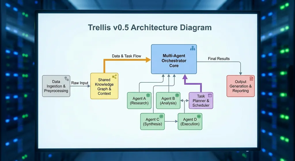 Trellis v0.5 架构示意图,展示多智能体编排的核心模块与数据流