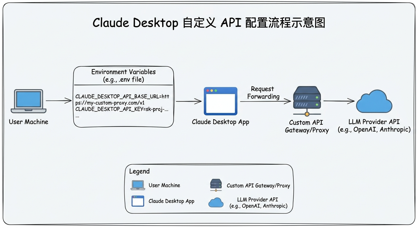 Claude Desktop 自定义 API 配置流程示意图,展示环境变量设置与请求转发路径