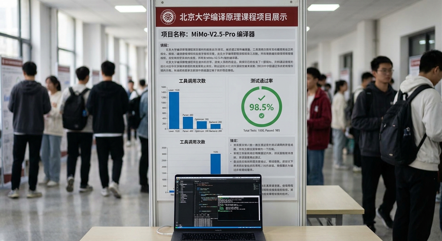 MiMo-V2.5-Pro 完成北大编译原理课程项目的案例展示,包含工具调用次数和测试通过率