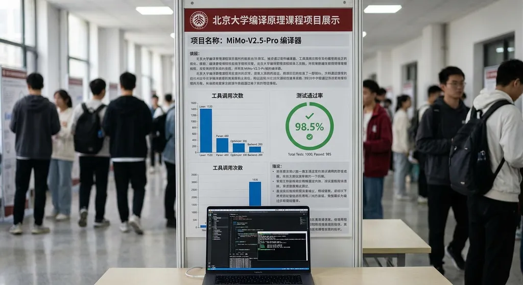 MiMo-V2.5-Pro 完成北大编译原理课程项目的案例展示,包含工具调用次数和测试通过率