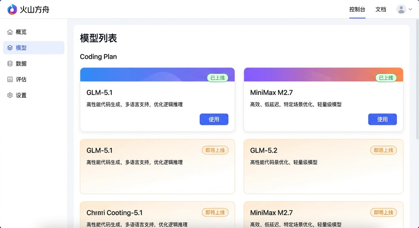 火山方舟Coding Plan模型列表页面截图,展示GLM-5.1和MiniMax M2.7已上线