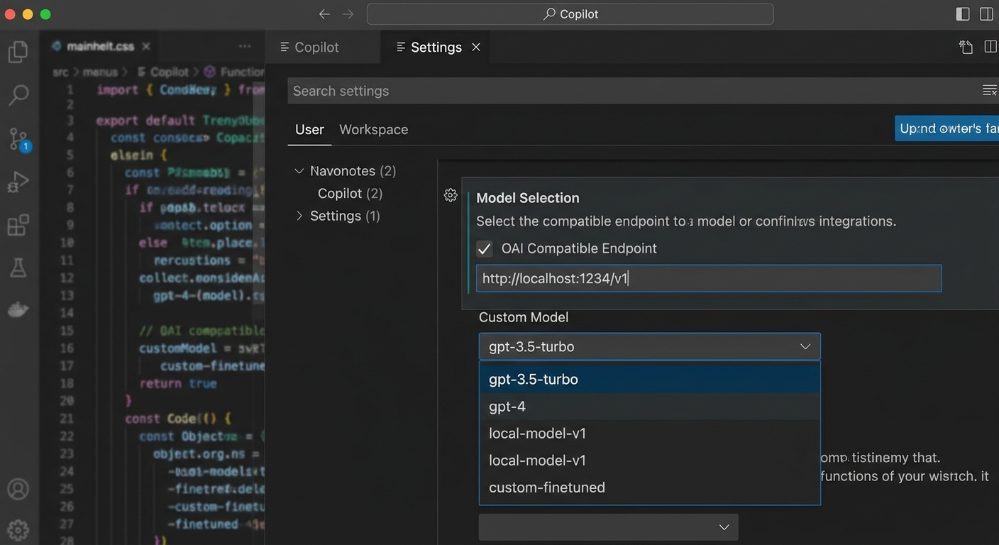 VS Code Copilot 模型选择界面，展示 OAI Compatible 配置入口与自定义模型下拉列表