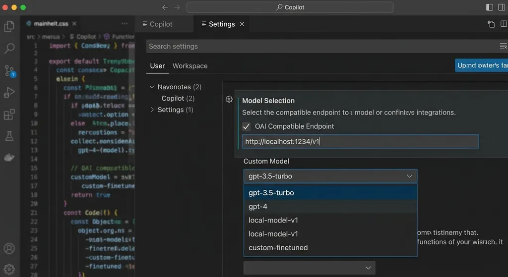 VS Code Copilot 模型选择界面,展示 OAI Compatible 配置入口与自定义模型下拉列表
