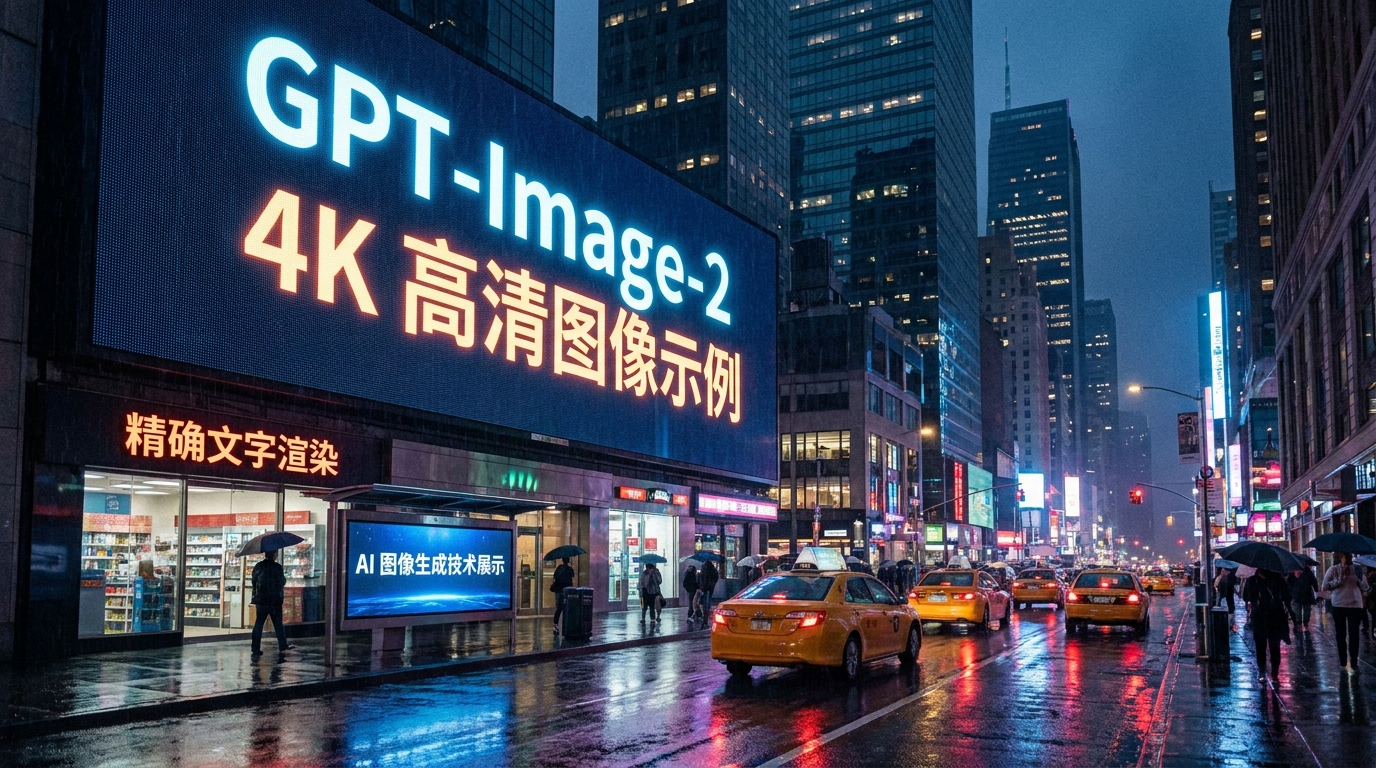 GPT-Image-2 生成的 4K 高清图像示例，展示城市场景与精确文字渲染效果