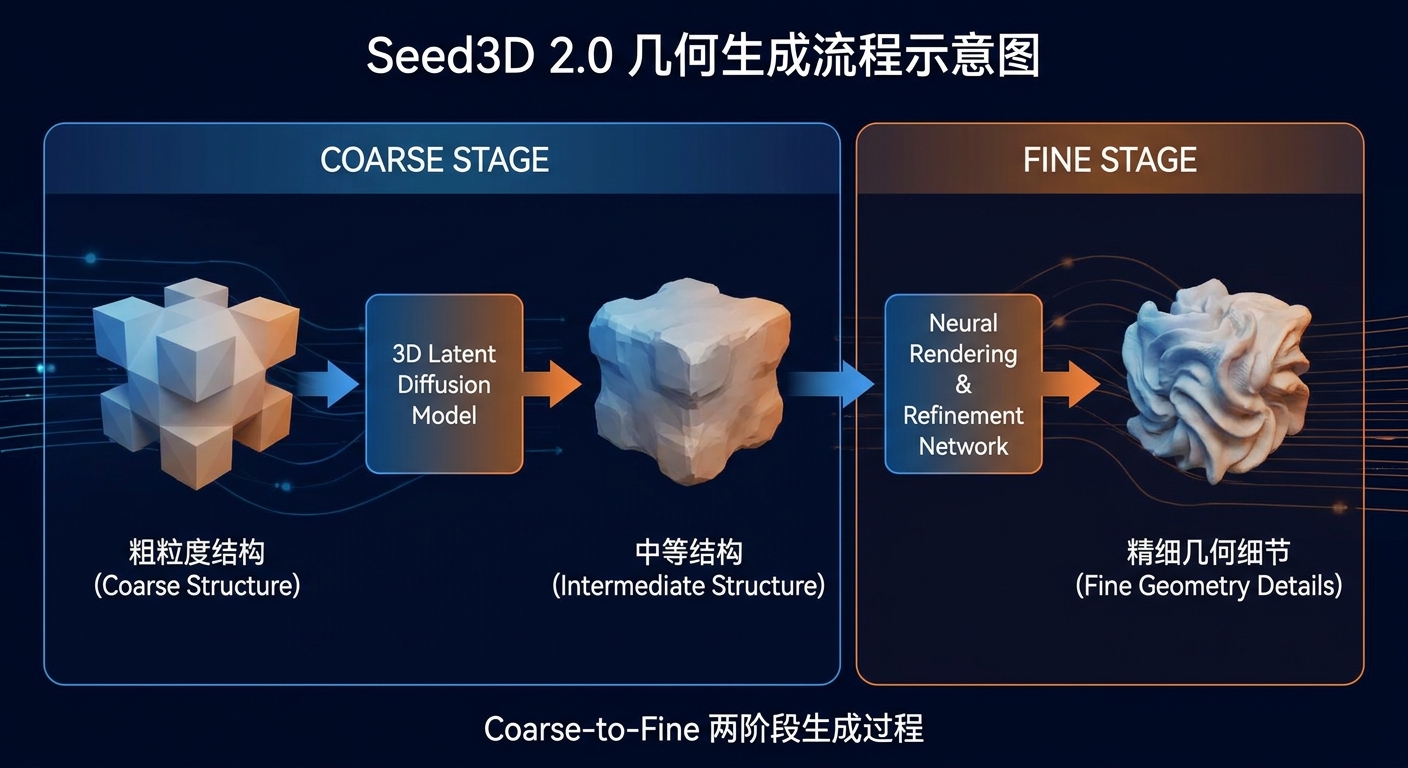 Seed3D 2.0 几何生成流程示意图，展示 Coarse-to-Fine 两阶段从粗粒度结构到精细几何细节的生成过程