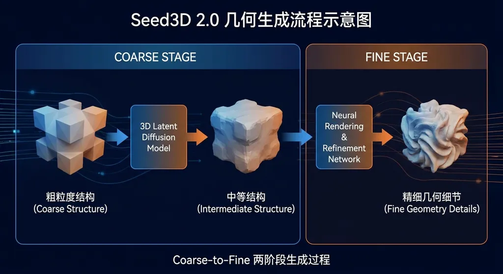 Seed3D 2.0 几何生成流程示意图,展示 Coarse-to-Fine 两阶段从粗粒度结构到精细几何细节的生成过程