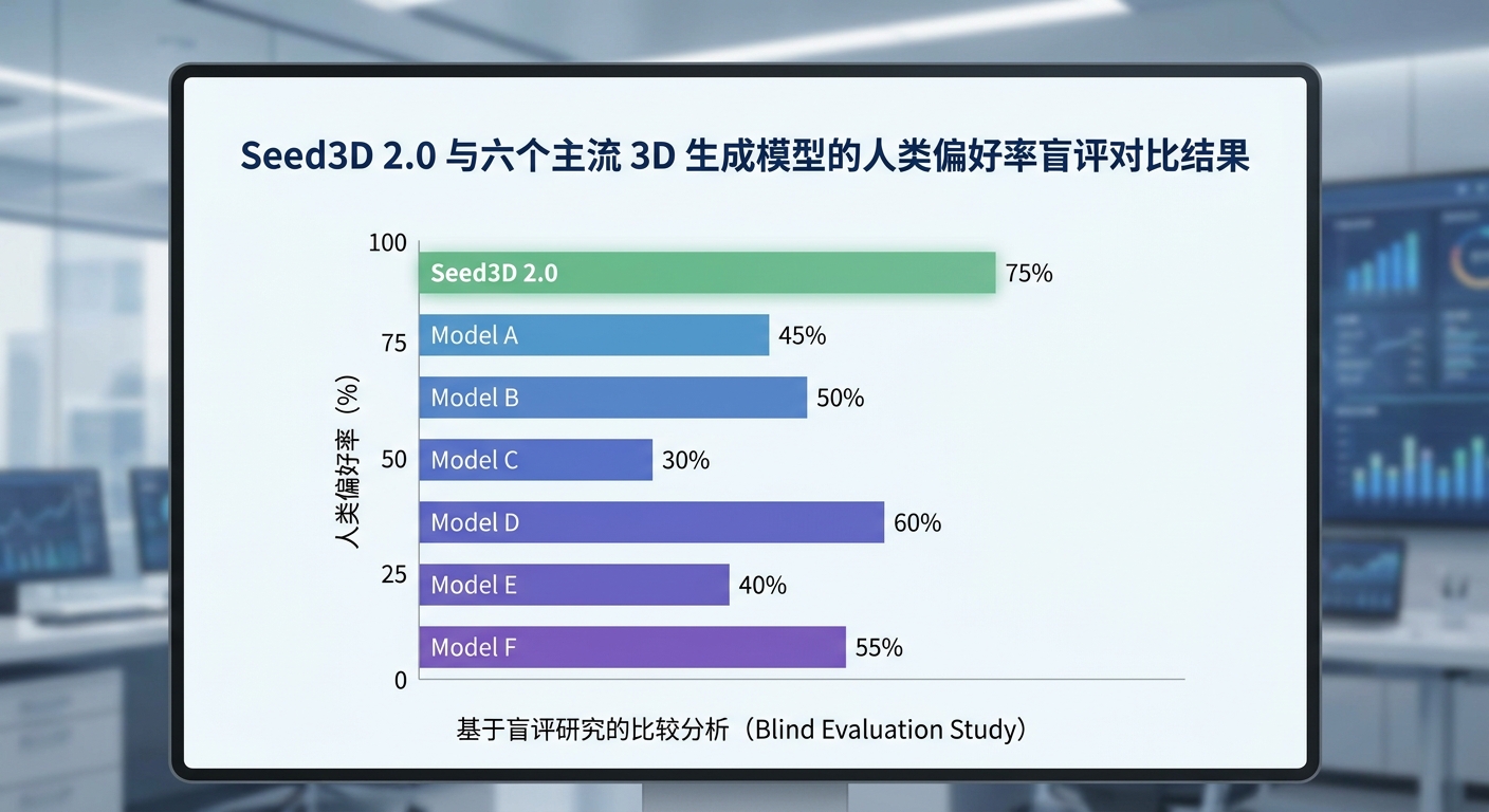 Seed3D 2.0 与六个主流 3D 生成模型的人类偏好率盲评对比结果
