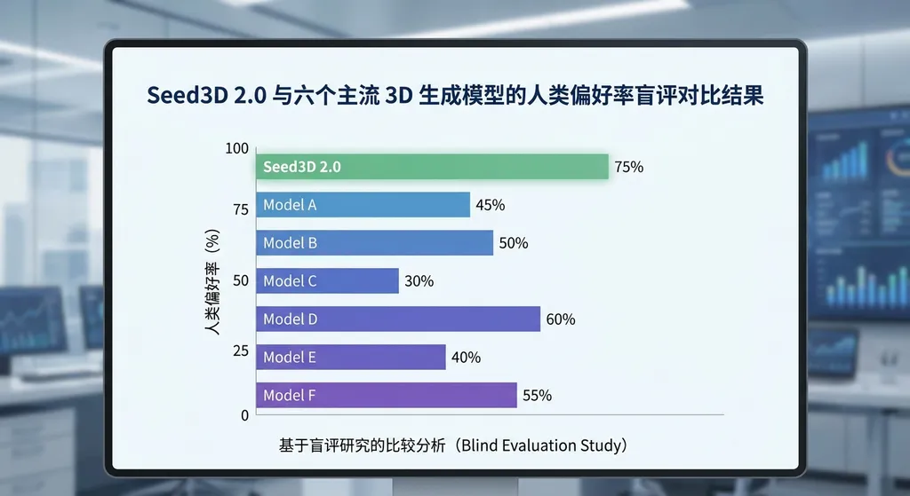 Seed3D 2.0 与六个主流 3D 生成模型的人类偏好率盲评对比结果