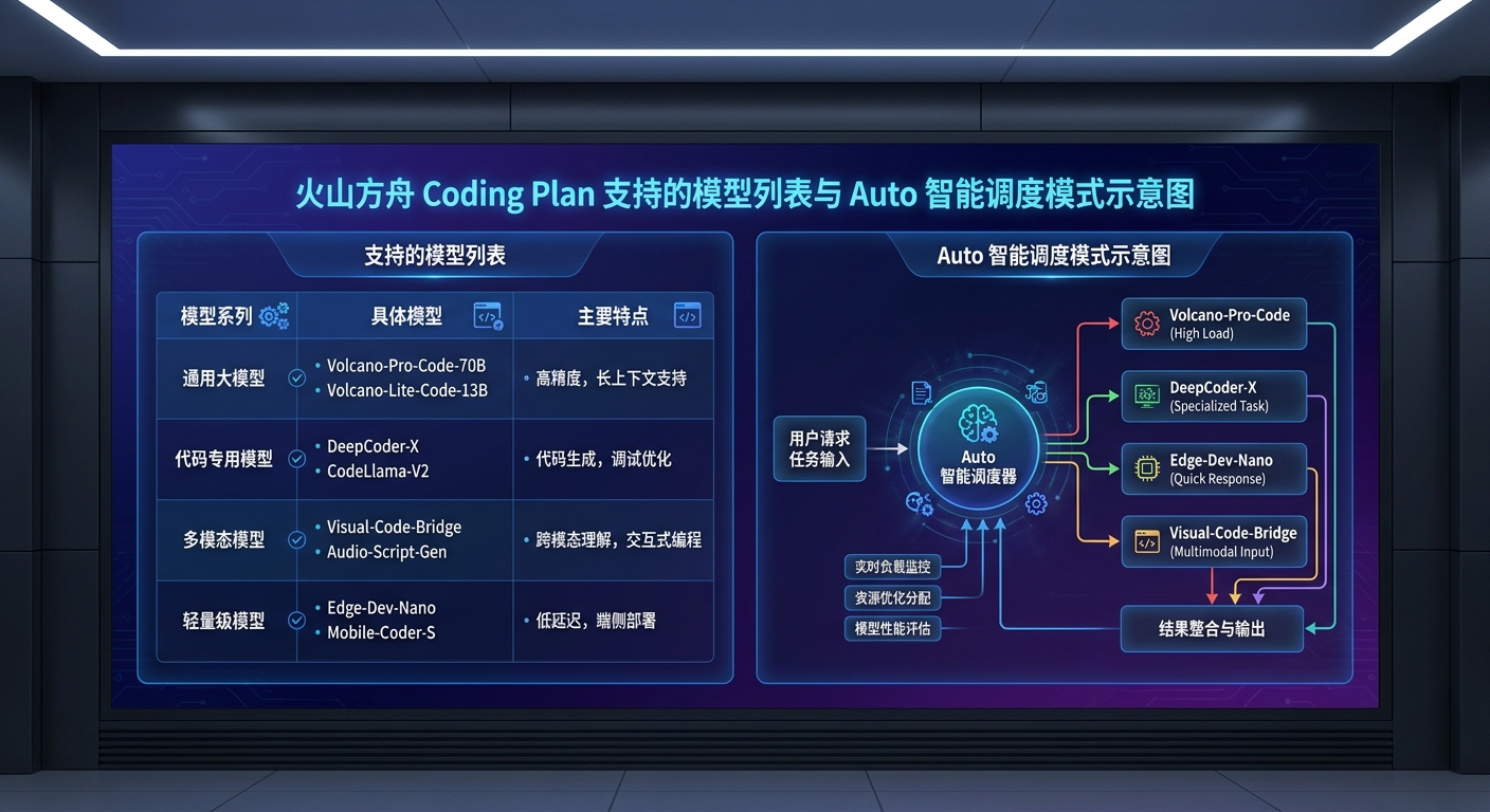 火山方舟 Coding Plan 支持的模型列表与 Auto 智能调度模式示意图