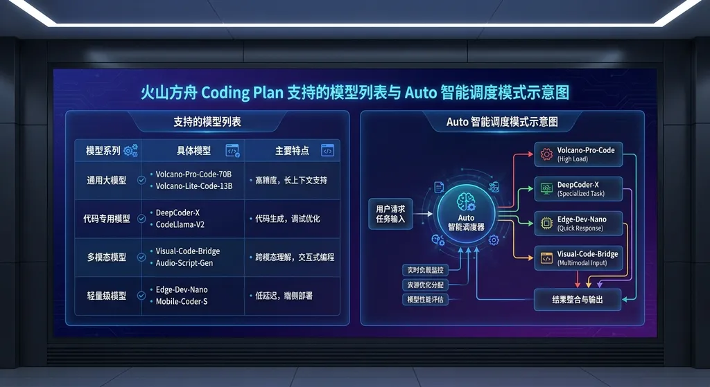 火山方舟 Coding Plan 支持的模型列表与 Auto 智能调度模式示意图
