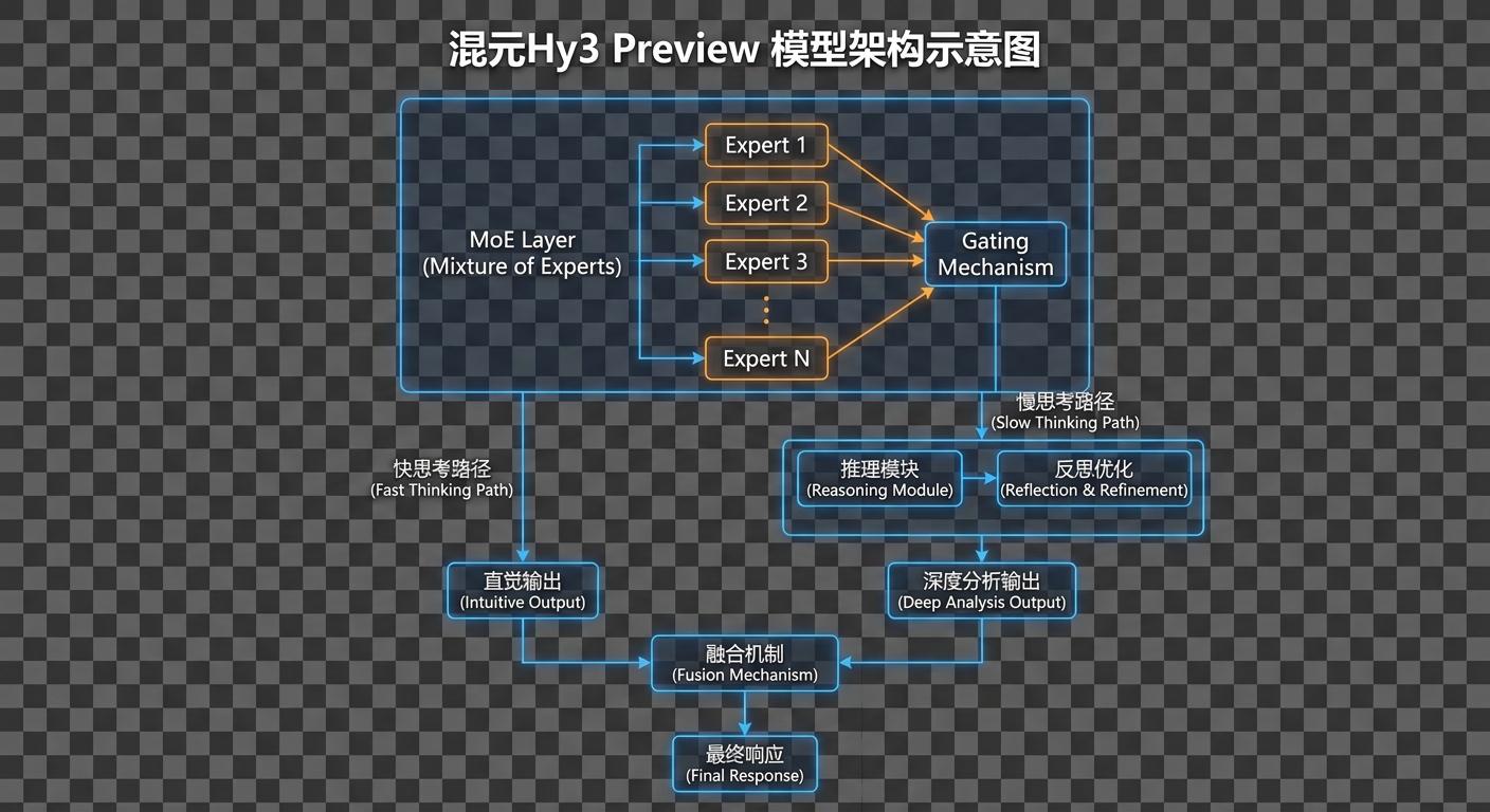 混元Hy3 preview模型架构示意图，展示MoE结构与快慢思考融合机制