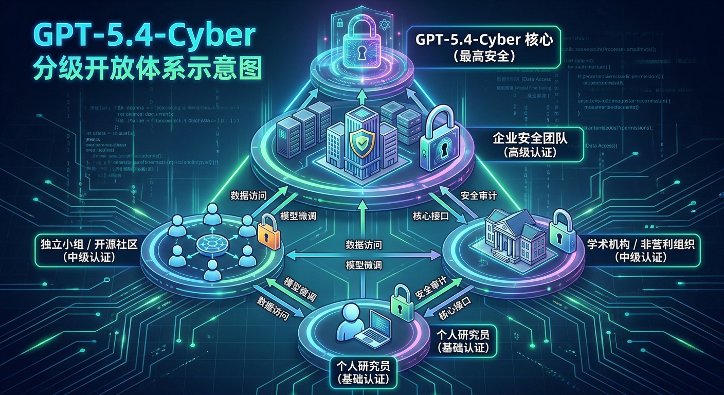 GPT-5.4-Cyber 分级开放体系示意图,展示从个人研究员到企业安全团队的认证层级