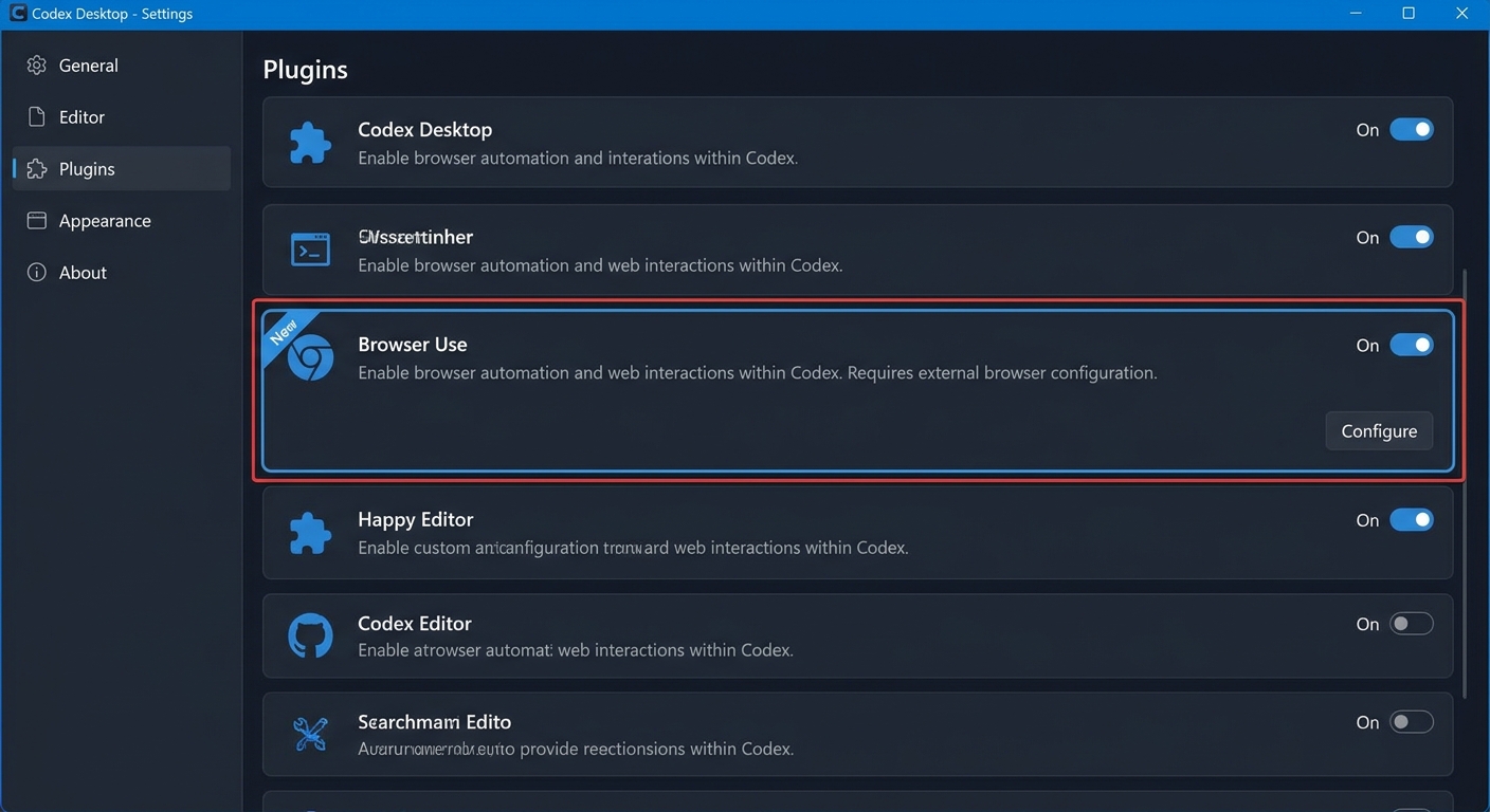 Codex Desktop 设置界面中新增的 Browser Use 插件选项截图