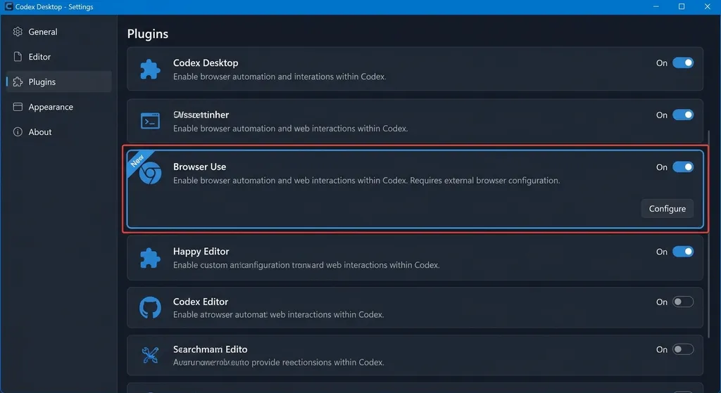 Codex Desktop 设置界面中新增的 Browser Use 插件选项截图