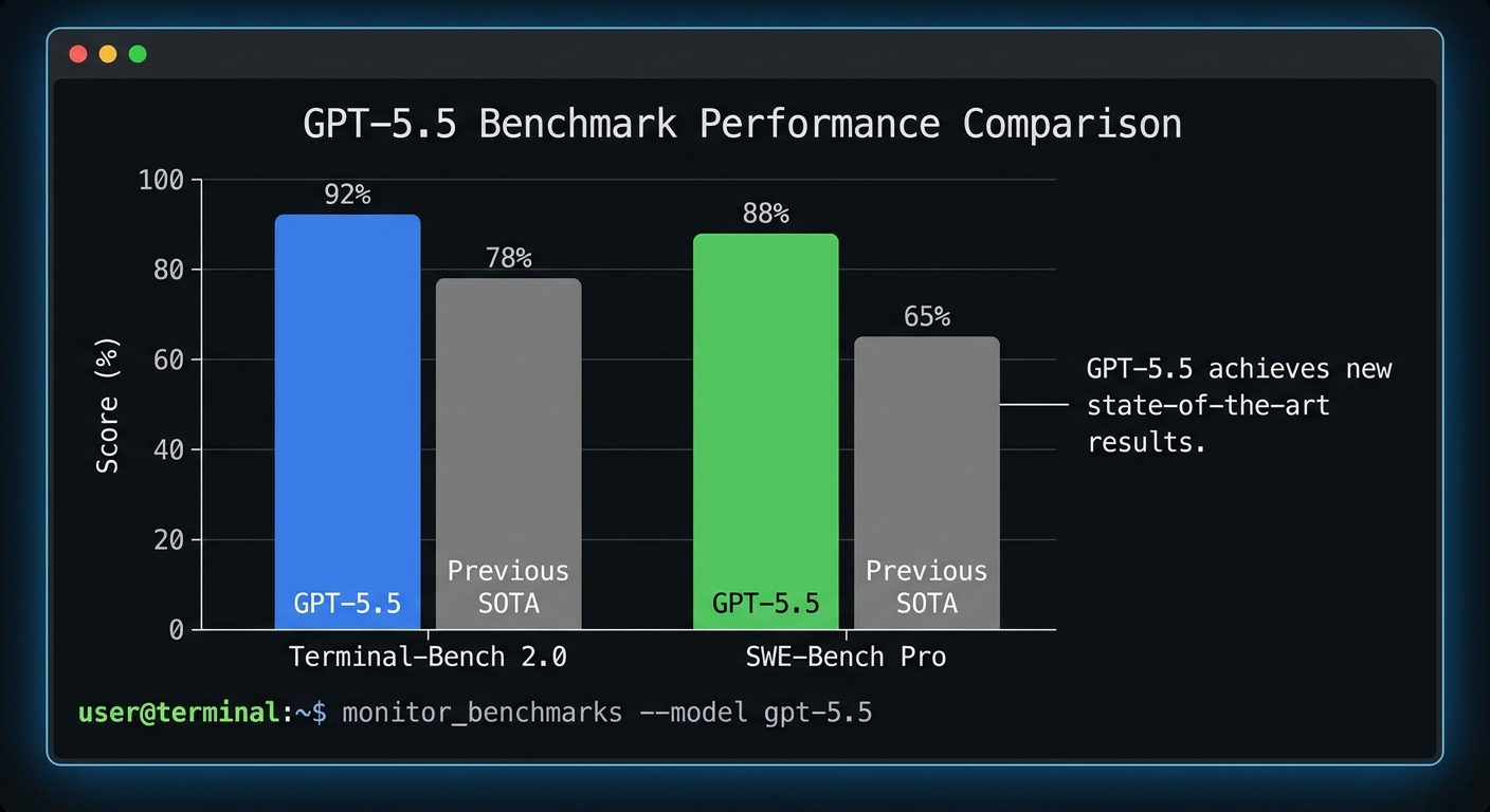 GPT-5.5 在 Terminal-Bench 2.0、SWE-Bench Pro 等基准测试中的成绩对比图
