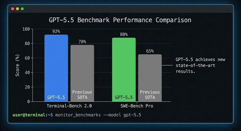 GPT-5.5 在 Terminal-Bench 2.0、SWE-Bench Pro 等基准测试中的成绩对比图