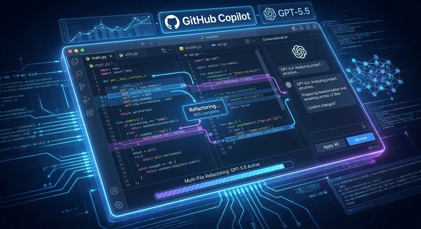 GPT-5.5 在 GitHub Copilot 中处理多文件重构任务的示意图