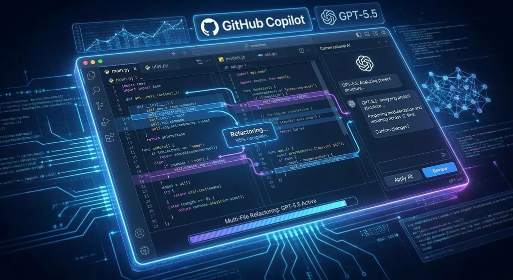 GPT-5.5 在 GitHub Copilot 中处理多文件重构任务的示意图