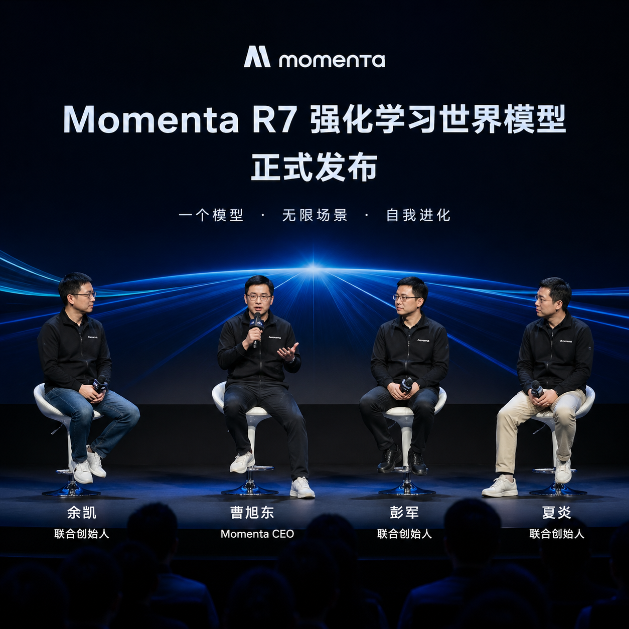 Momenta R7 强化学习世界模型发布会现场，CEO 曹旭东与三位合伙人同台