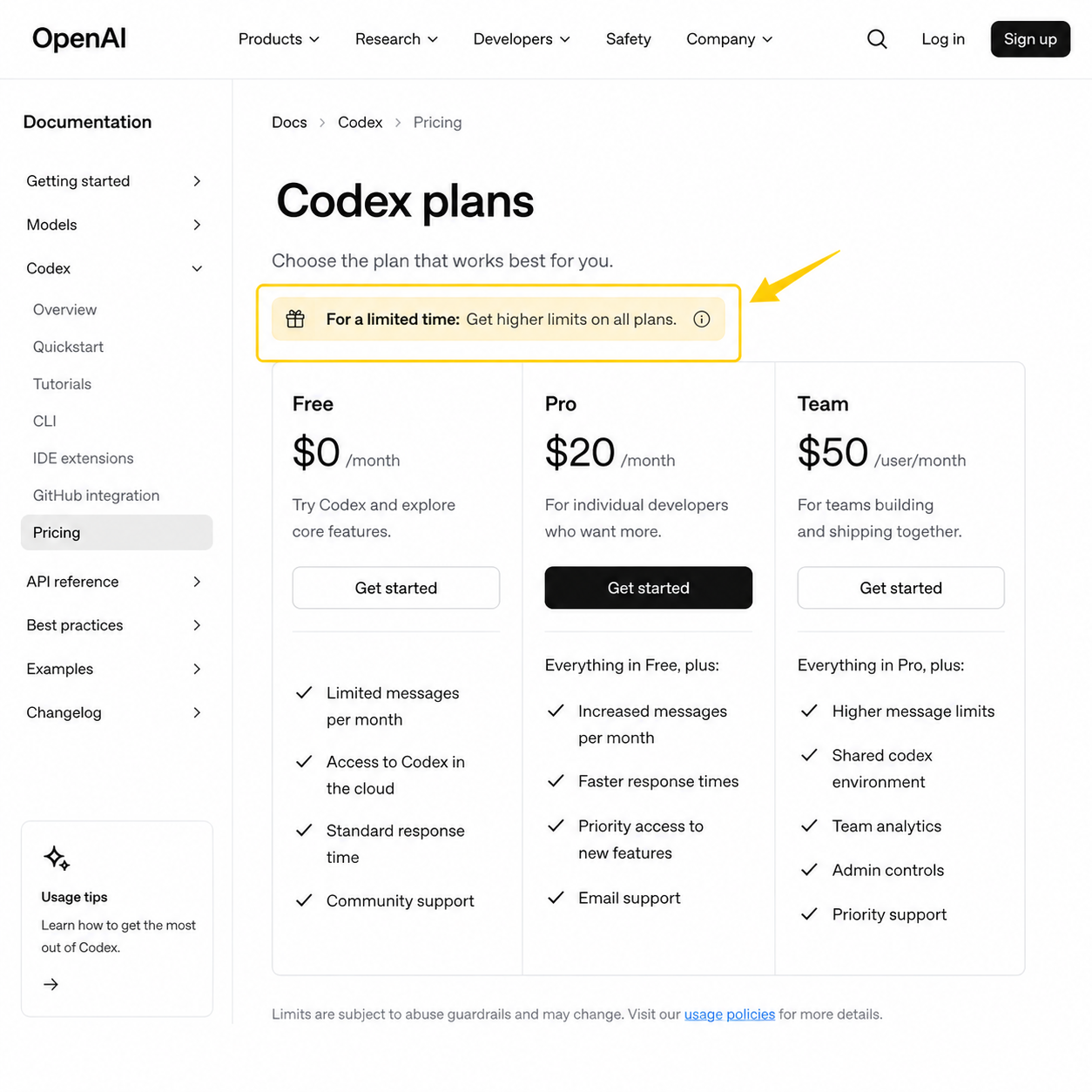 OpenAI 官方文档中 Codex 计划对比页面截图,突出显示 "For a limited time" 标注