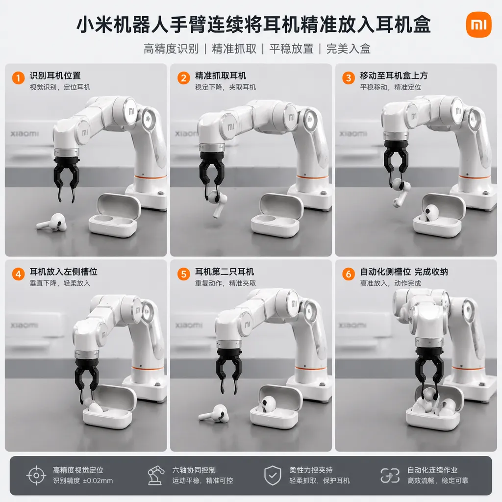 小米机器人手臂连续将耳机精准放入耳机盒的动作序列演示