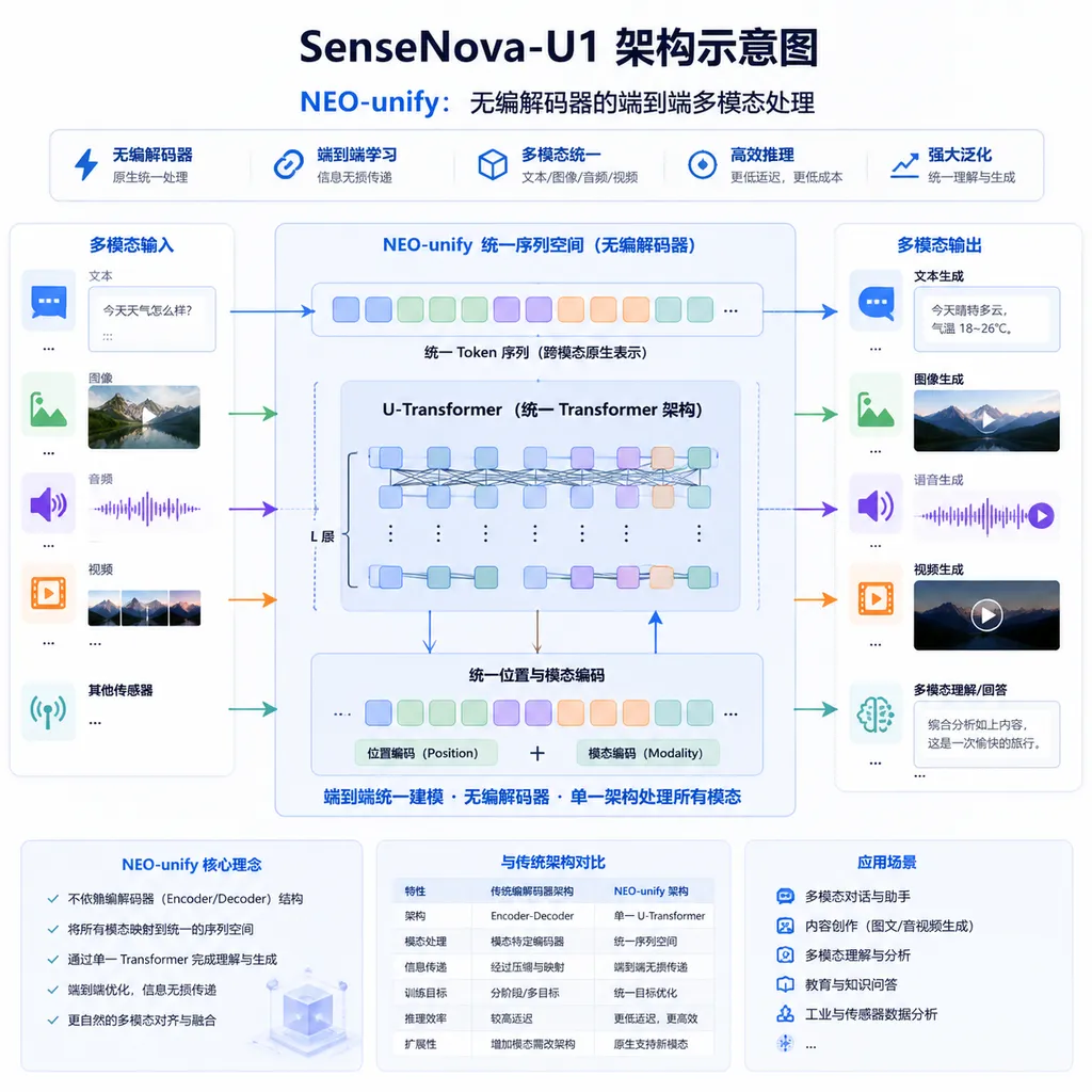 SenseNova-U1 架构示意图,展示 NEO-unify 无编解码器的端到端多模态处理流程