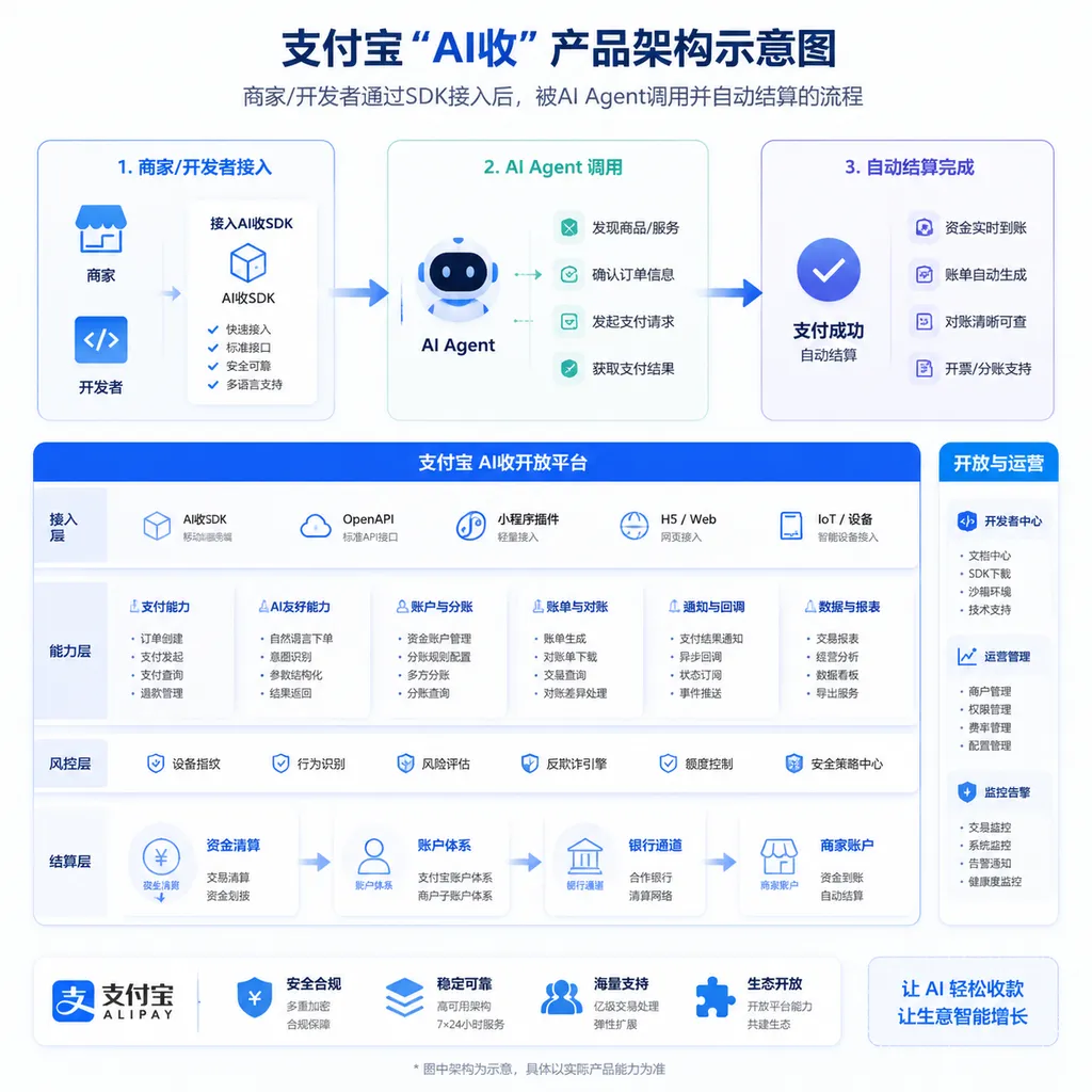 支付宝"AI收"产品架构示意图,展示商家/开发者通过SDK接入后被AI Agent调用并自动结算的流程