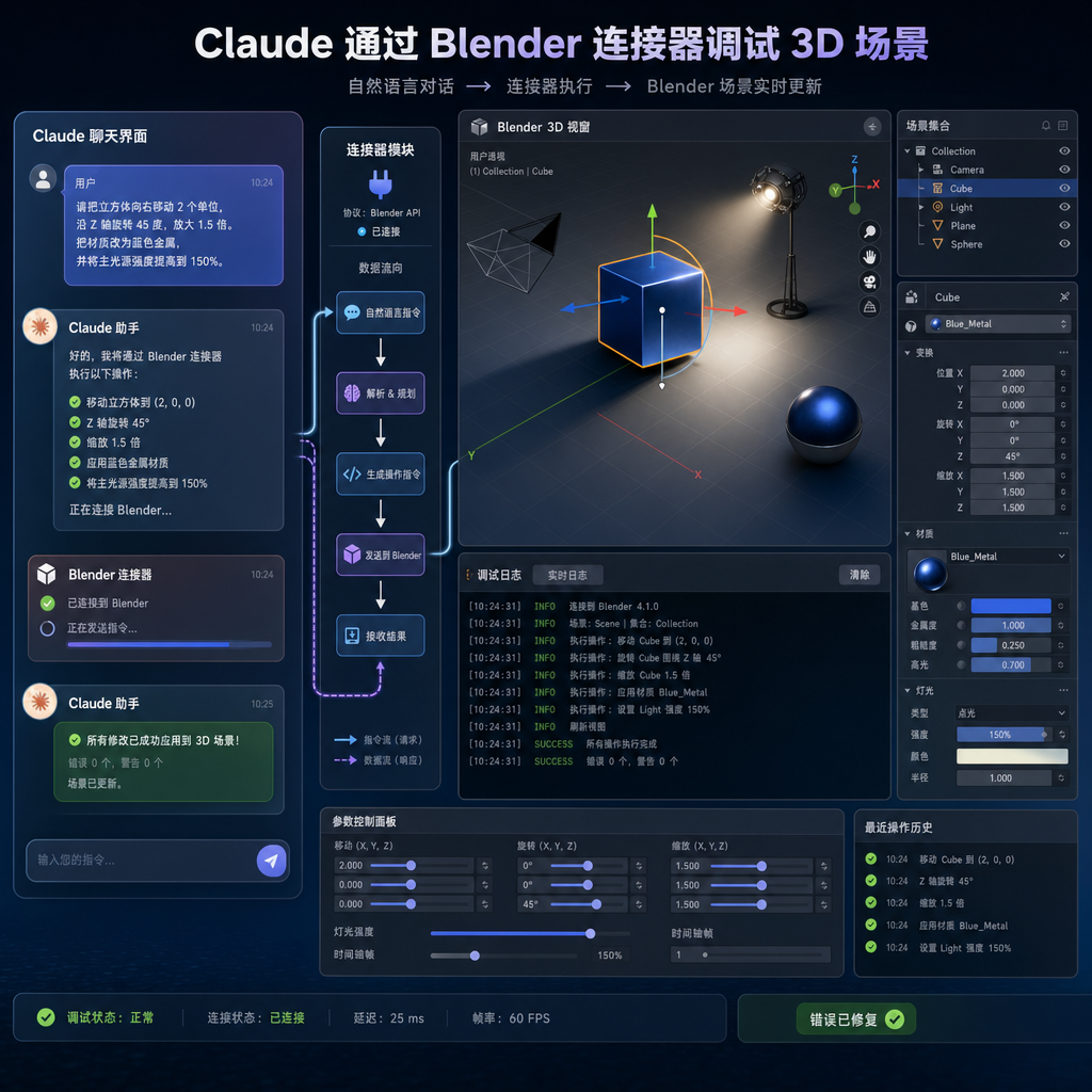 Claude 通过 Blender 连接器在聊天界面中调试 3D 场景的操作示意图