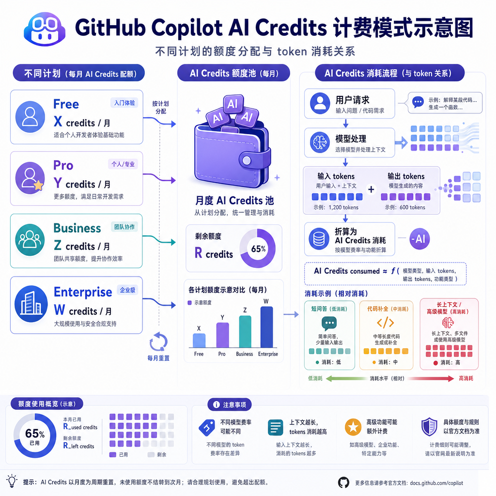 GitHub Copilot AI Credits 计费模式示意图，展示不同计划的额度分配与 token 消耗关系