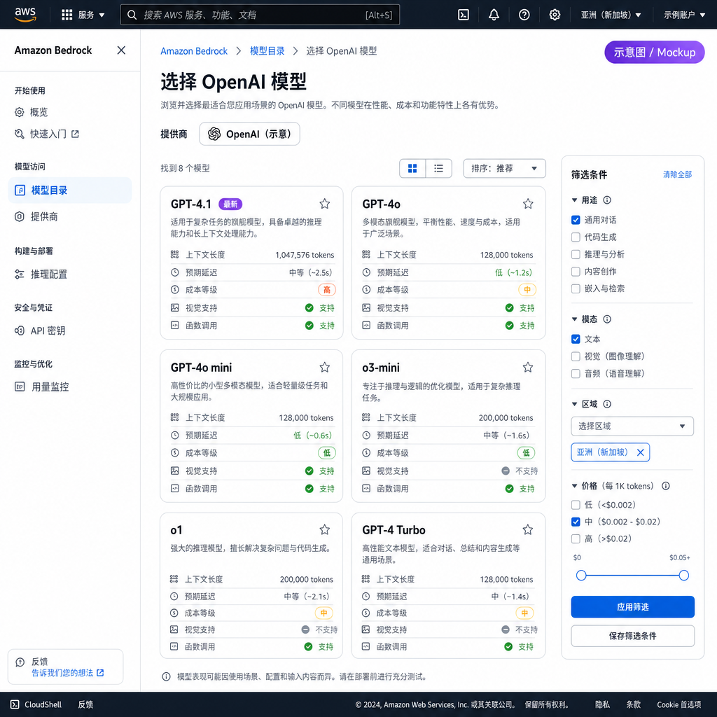 AWS Bedrock 控制台中 OpenAI 模型选择界面示意图