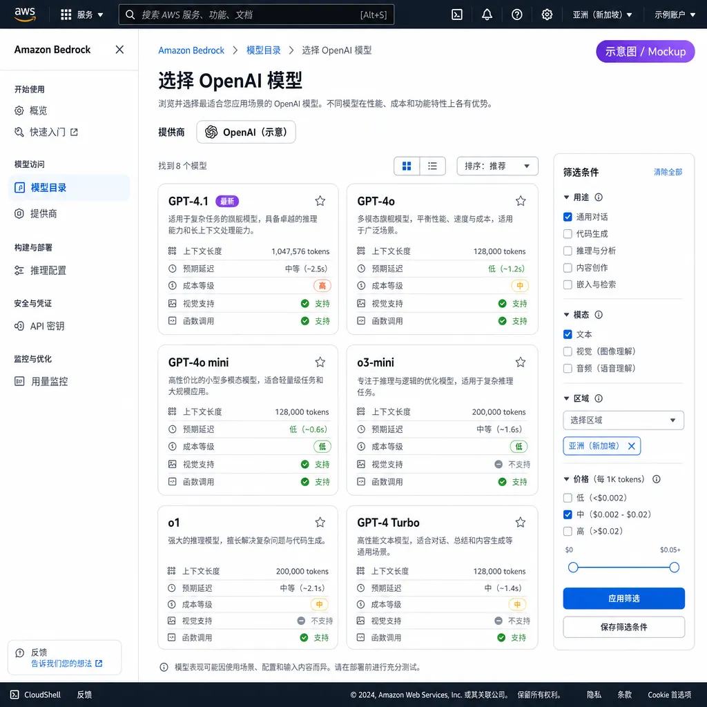 AWS Bedrock 控制台中 OpenAI 模型选择界面示意图