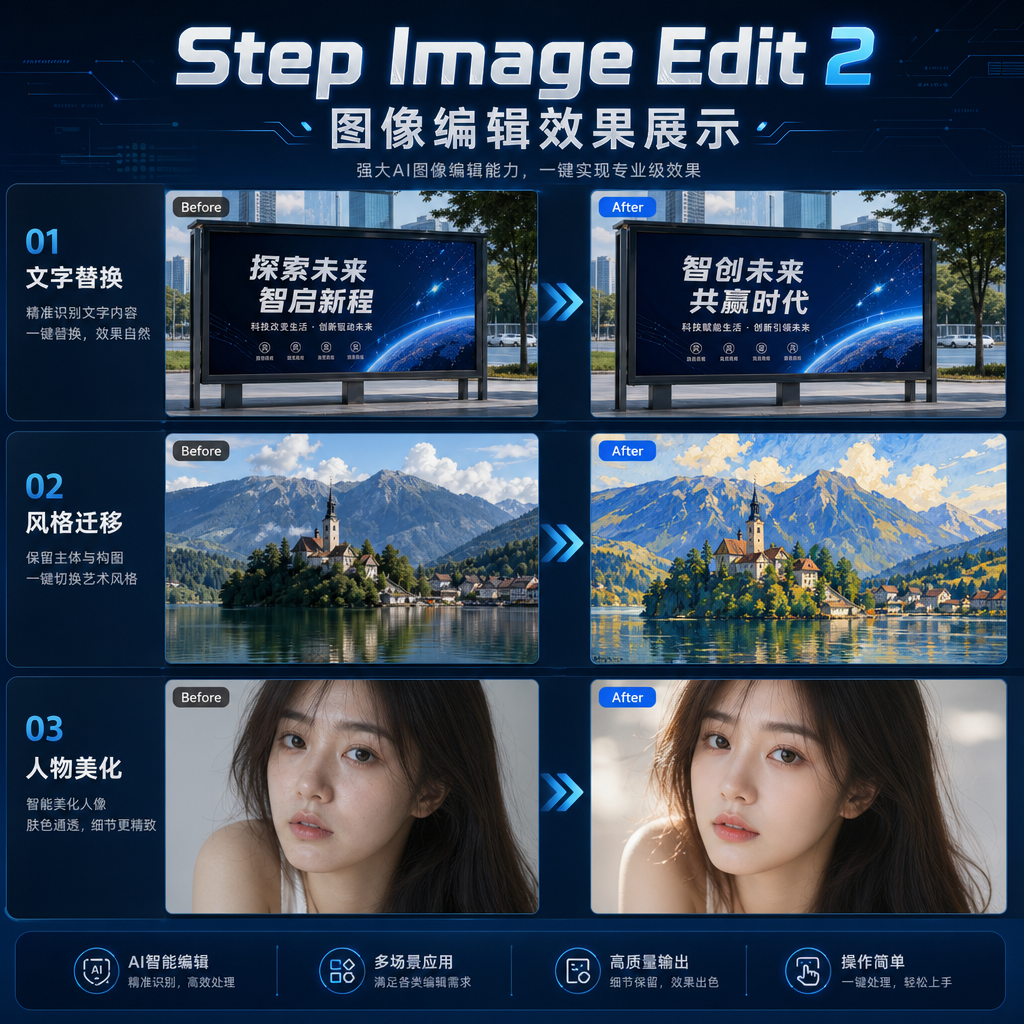 Step Image Edit 2 图像编辑效果展示，包含文字替换、风格迁移、人物美化等多种编辑场景的对比图