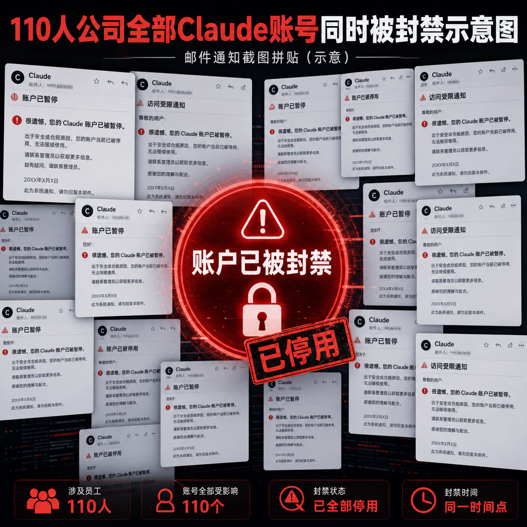 110人公司全部Claude账号同时被封禁的示意图，邮件通知截图拼贴