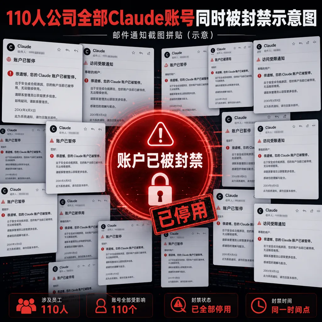 110人公司全部Claude账号同时被封禁的示意图,邮件通知截图拼贴