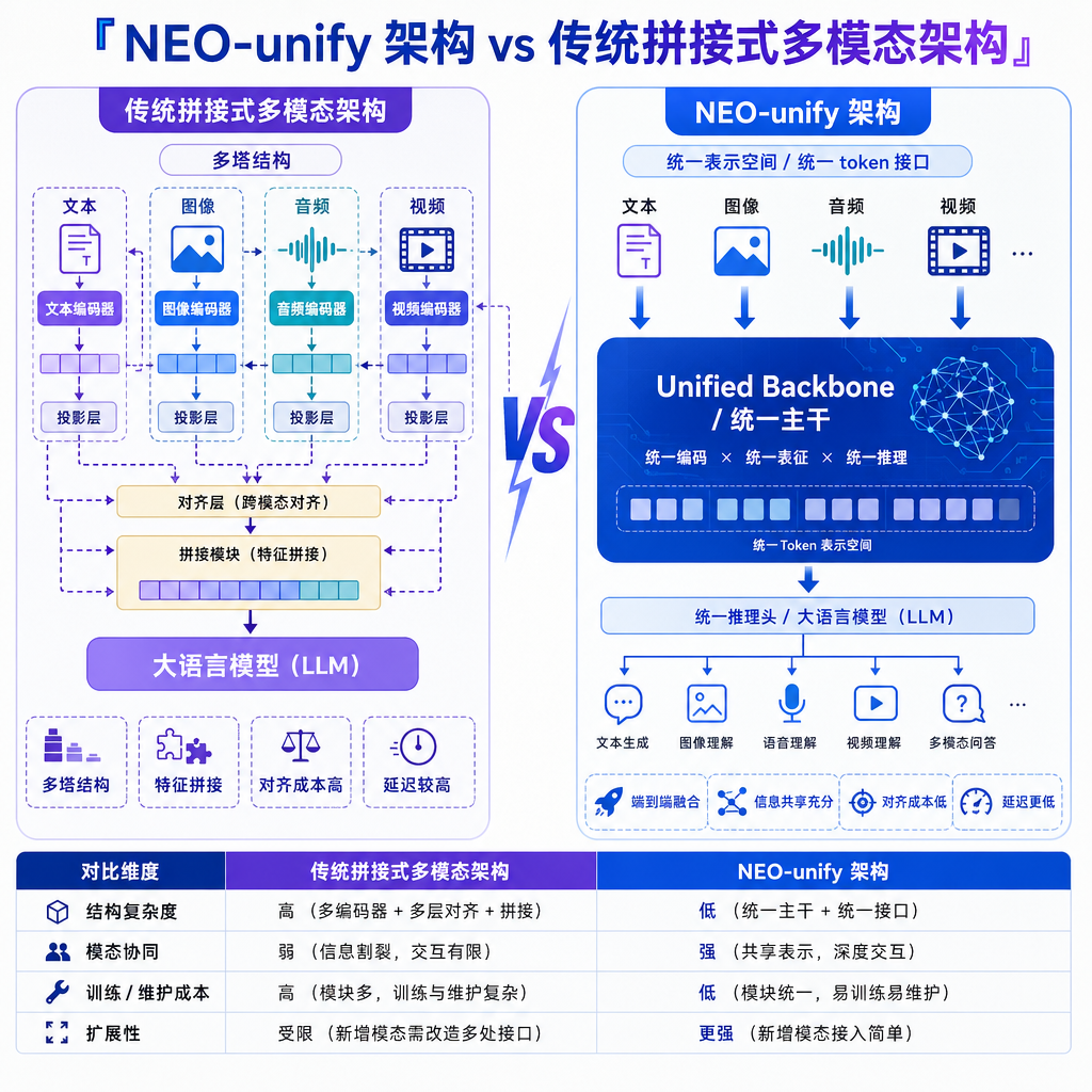 NEO-unify 架构与传统拼接式多模态架构的对比示意图