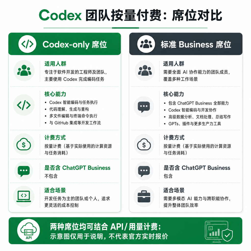 OpenAI Codex 团队按量付费定价方案示意图，展示 Codex-only 席位与标准 Business 席位的对比