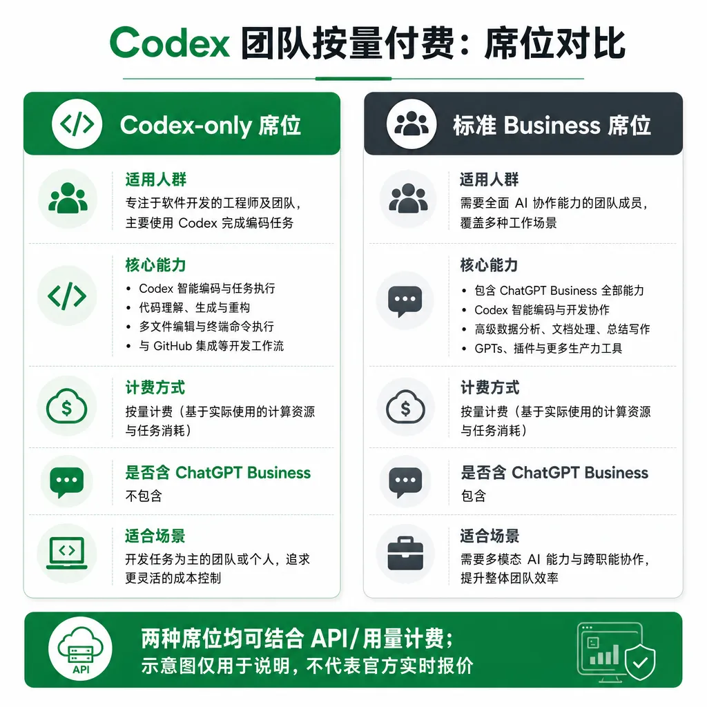 OpenAI Codex 团队按量付费定价方案示意图,展示 Codex-only 席位与标准 Business 席位的对比
