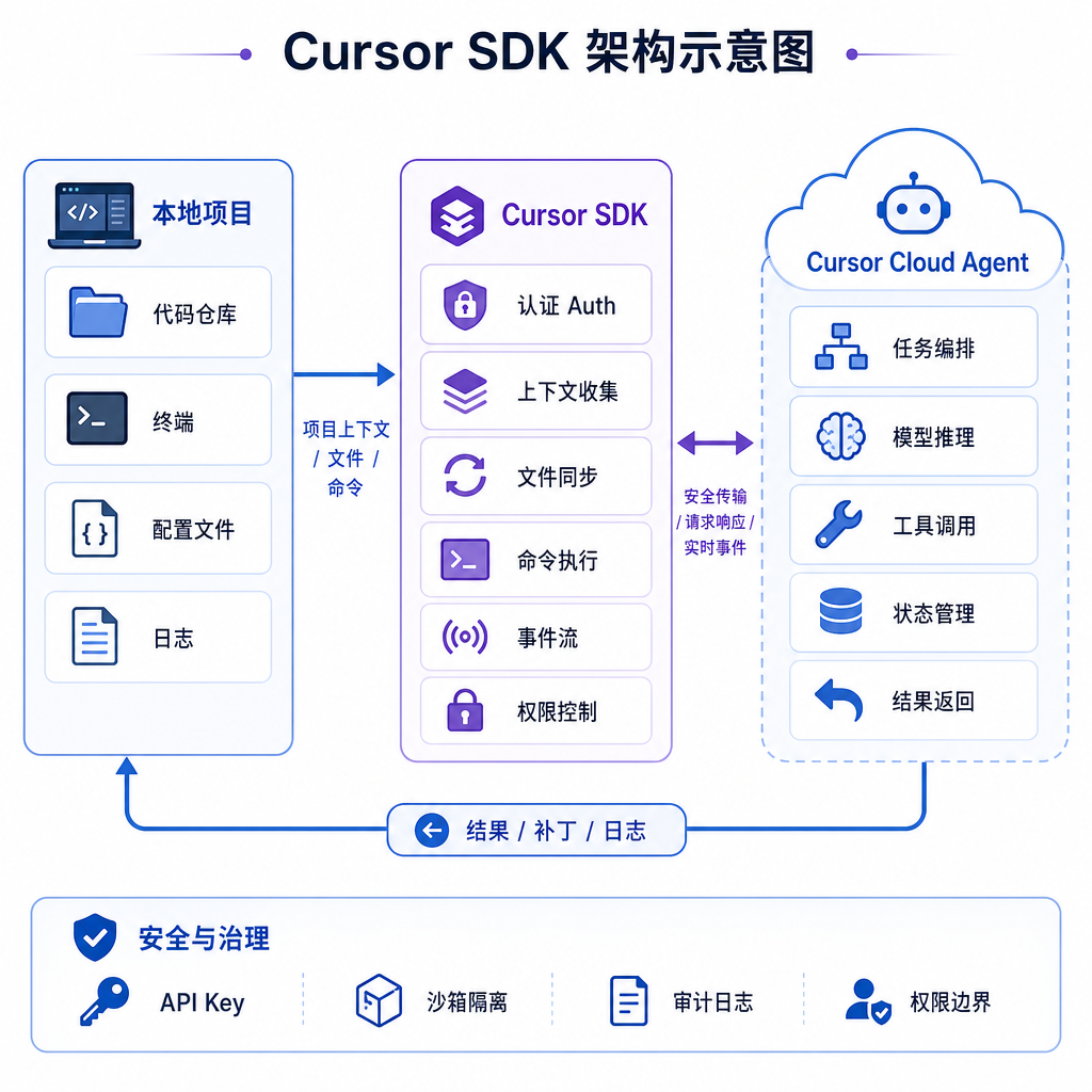 Cursor SDK 架构示意图，展示 SDK 如何连接本地项目与 Cursor Cloud Agent